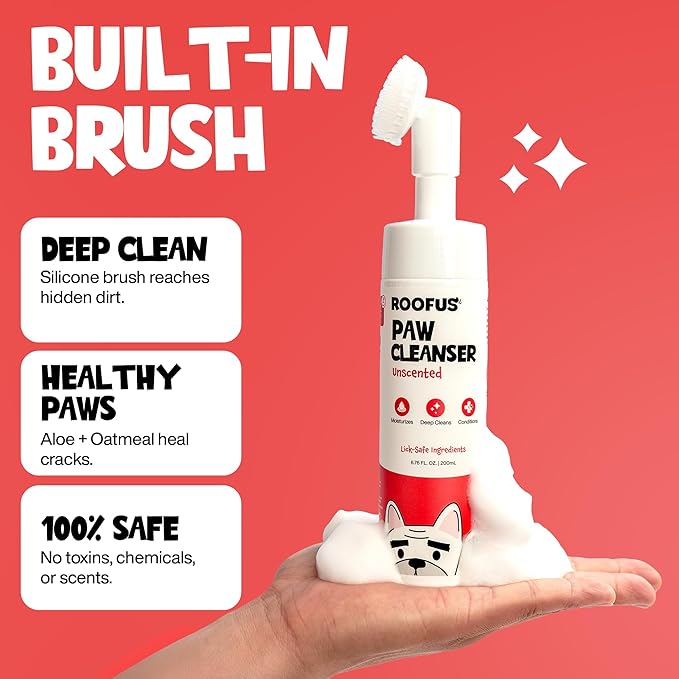 Paw Cleanser - Gentle, Unscented Foaming Cleanser with Built-in-Brush - No-Rinse Paw Cleaner for Dogs and Cats - Paw Cleaner for Repairing & Restoring Cracked Paws - 5.07 fl oz