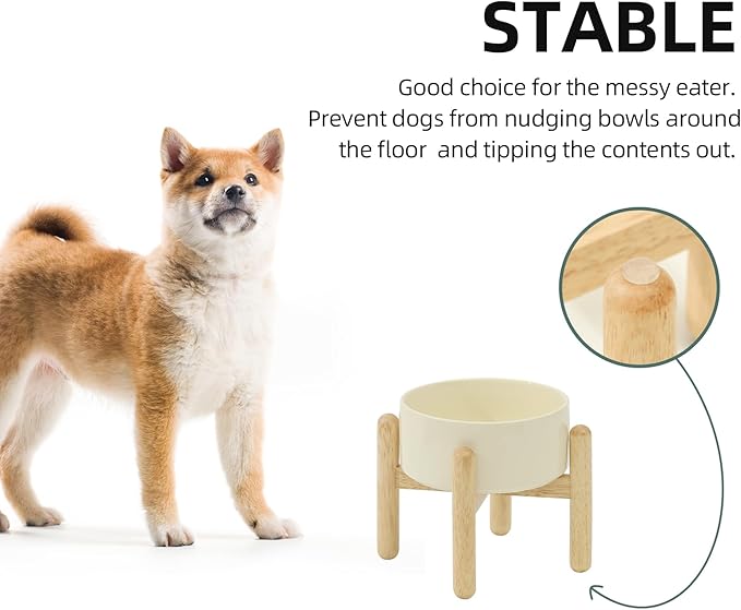 Ceramic 6.1inch Raised Dog Bowl with Stand for Small and Medium Dog Dish Pet Food and Water Bowl (Single Bowl with Stand - Beige)