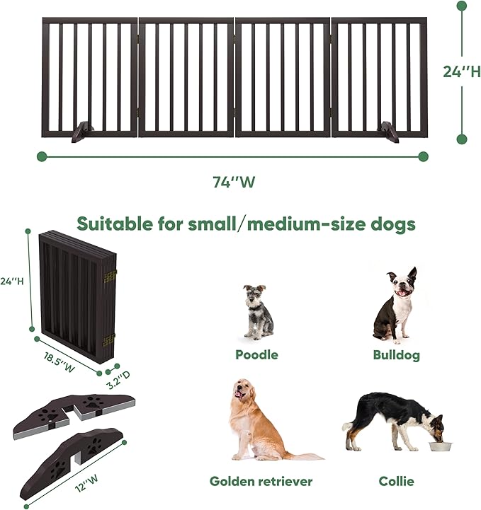 Dog Gate, Freestanding Dog Gates for Doorways, Foldable Dog Gate Indoor, Pet Gates for Doorways Bedroom, Puppy Gate with Metal Support Feet, Room Divider 4 Panels (Brown)