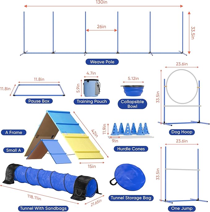 FetchFlow Dog Agility Training Equipment – Complete Backyard Agility Course Set w/Adjustable A-Frame Ladder, Weave Poles, Cones, Jump Hoop, Tunnel & Sandbags – Outdoor Dog Playground Kit