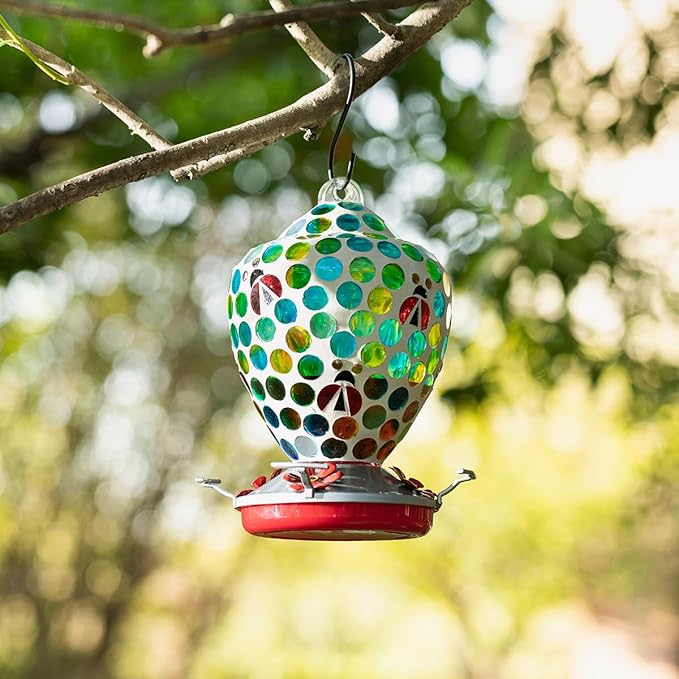 Glitzhome Wild Bird Feeder, 8.25" H Glass Hanging Blue/Green Dots & Ladybugs Mosaic Birdfeeder for Garden, Yard, Backyard, Deck and Porch Decorations