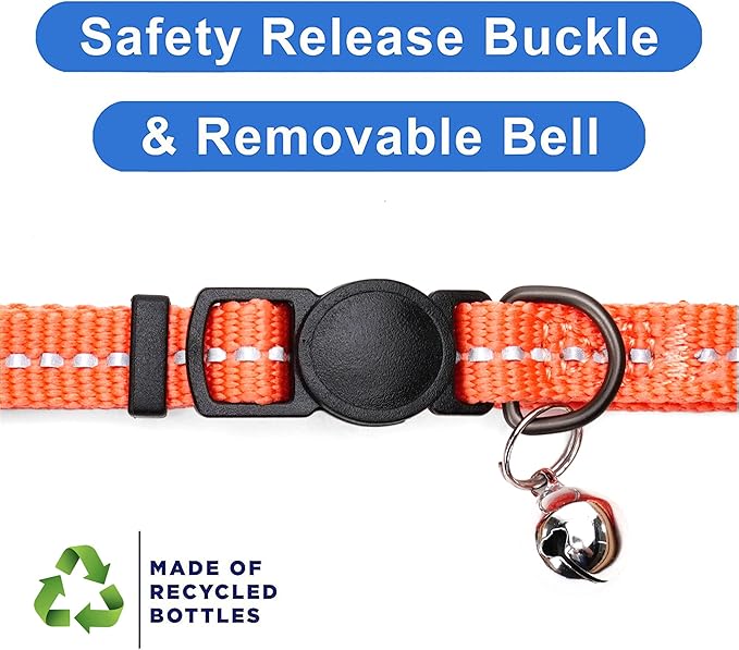 Pawtitas Recycled Cat Collar with Reflective Stitched and Safety Buckle Removable Bell Reflective Cat Breakaway Collar Made from Plastic Bottles - Living Coral Cat Collar.