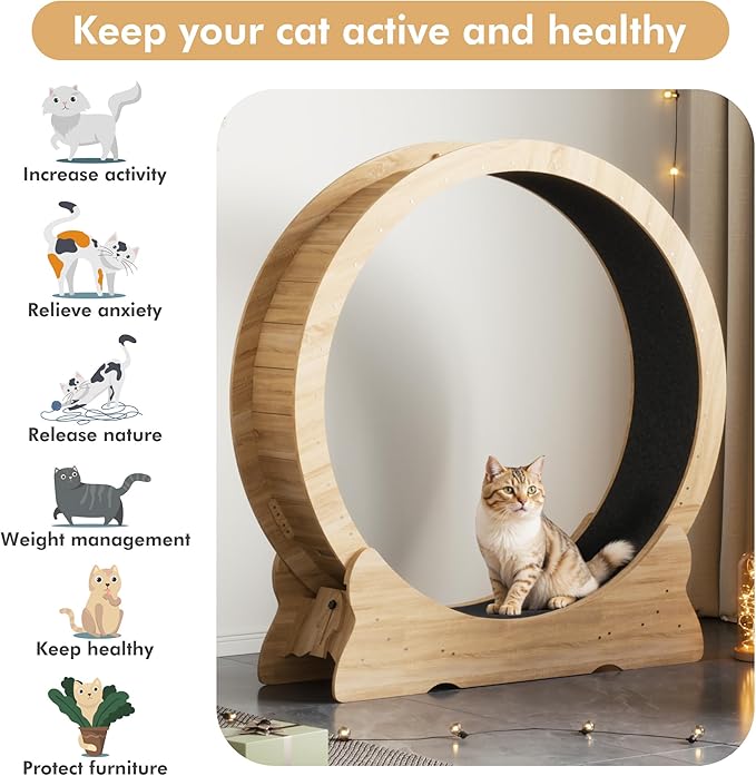 Cat Exercise Wheel, 43.3 inch Cat Wheel for Indoor Cats with Carpeted Runway, XL Treadmill with Removable Carpet and Teaser, for Running Walking Training (Natural Wood)