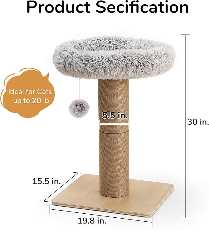 FUKUMARU Cat Scratching Post, 30 Inch Tall Cat Scratcher with Perch for Indoor Cats, Small Cat Tower with Bed and 5.5 Inch Width Post, Cat Tree Furniture for Kittens and Large Cats