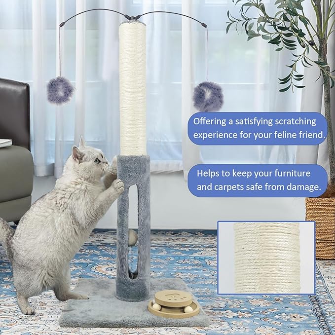 31" Cat Scratching Post Kitten Toys for Indoor Cats Interactive Scratcher with Tracking Ball, Sisal Scratch Rope for Large Cats,Sturdy Base Cat Scratch Post, (Gray, 31" H)