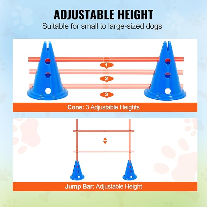 VEVOR 6 Sets Dog Agility Hurdle Cone Set, 12 Agility Cones 6 Agility Rods 2 Rod Buckles, Dog Agility Course Backyard Set Puppy Obstacle Course Jump with Storage Bag, Pet Outdoor Games