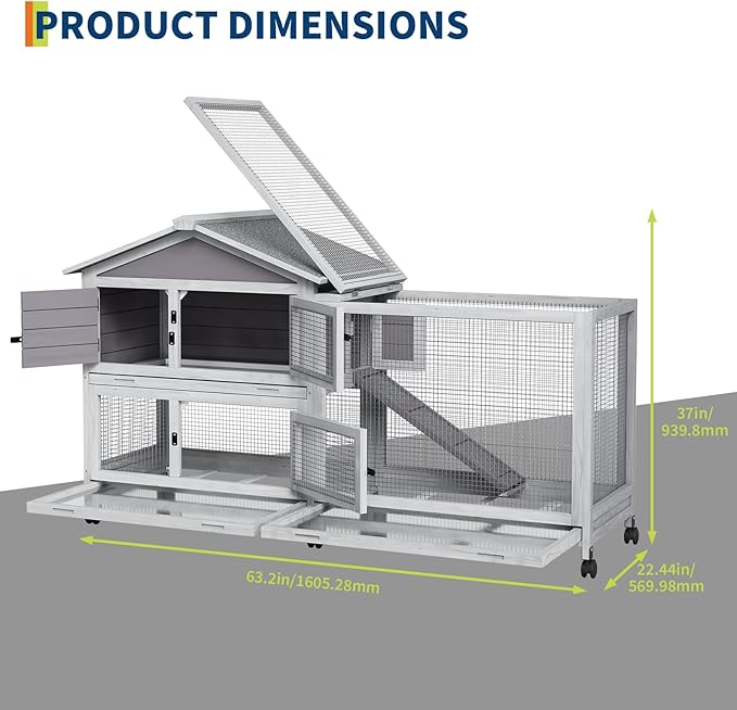 Rabbit Hutch with Ramp & Waterproof Roof, Bunny Cage for Indoor/Outdoor, 2-Story Design, Rabbit Cage with 6 Lockable Caster Wheels & Three Pull-Out Trays (Grey)