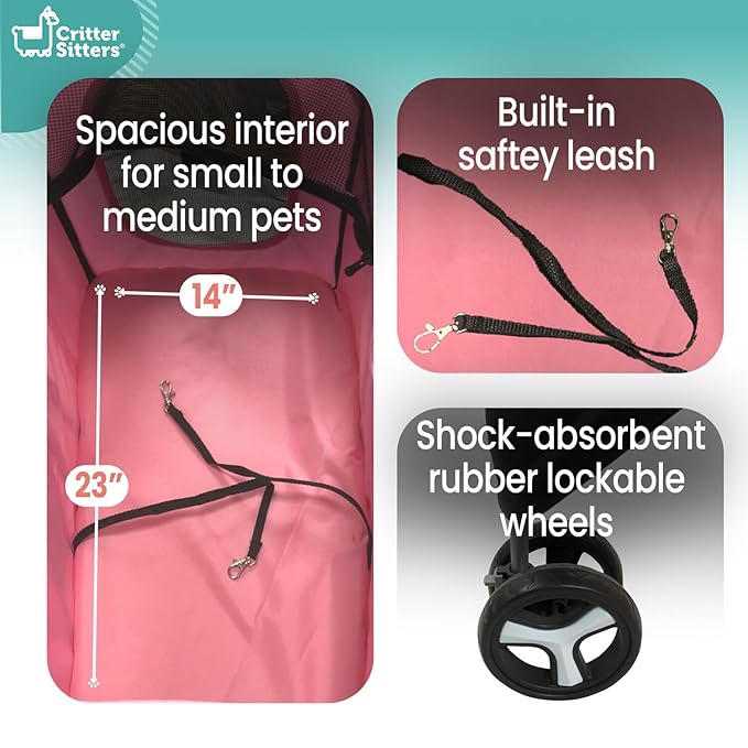 Critter Sitters 3-Wheel Jogging Dog Stroller with Storage Basket and Cup Holders, Modern and Stylish Pet Stroller for Medium Sized Animals up to 33 Pounds, Pink