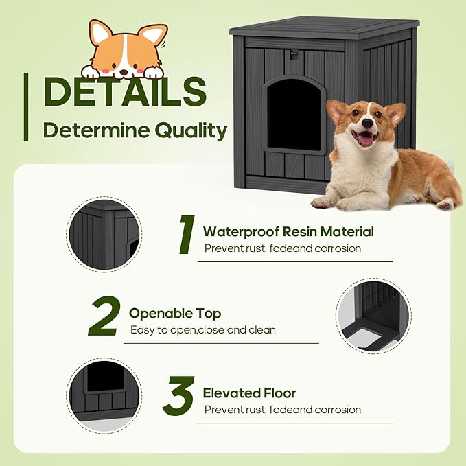 ROJIK Dog House Outdoor Waterproof,Resin Puppy Shelter Indoor with Flip Lid and Elevated Floor,Cat Duck Chicken Shelter, Portable and Easy Assembly(Black)