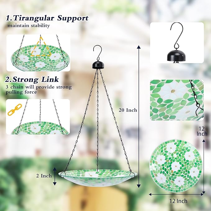 MUMTOP Mosaic Hanging Bird Bath-Bird Baths for Outdoors - 12 Inch Glass Birdbath Bird Water Bowl Bird Feeders for Outside, Garden, Lawn Yard Decor(Flower & Leaf)