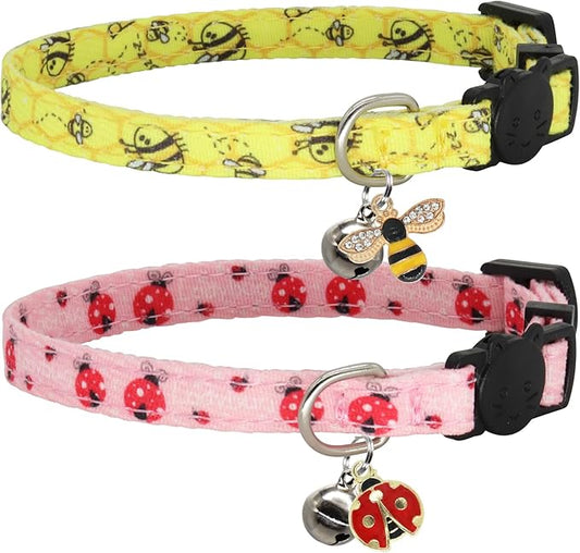 Cat Collar Breakaway, 2 Pack Cotton Cats Collars with Bells, Cute Bee and Ladybug Shaped for Girl Boy Kittens