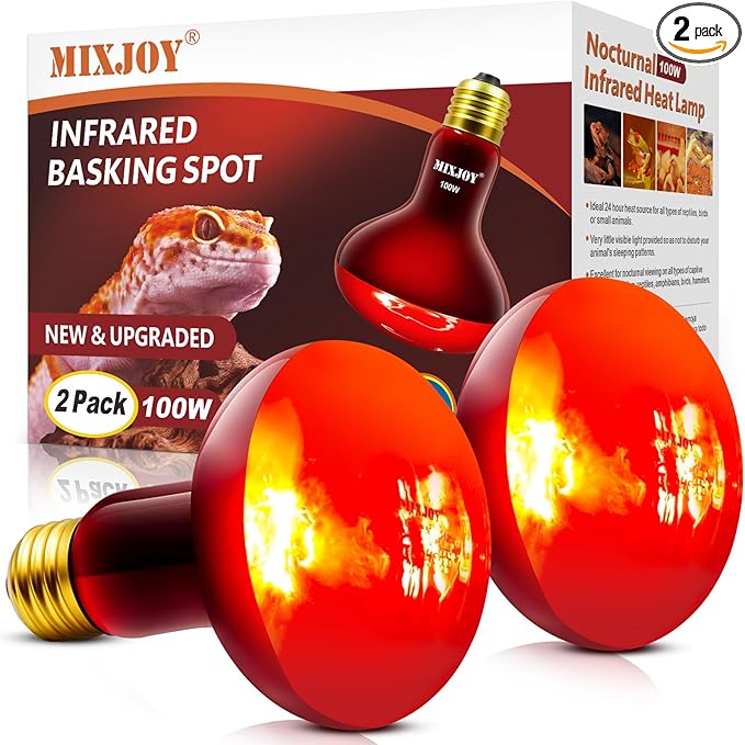 MIXJOY 100W Infrared Heat Lamp Bulbs, 2 Pack Reptile Infrared Heat Emitter Red Heat Lamp Bulbs Infrared Basking Light Bulbs for Reptiles, Bearded Dragon, Lizard, Tortoise, Chickens, Pets