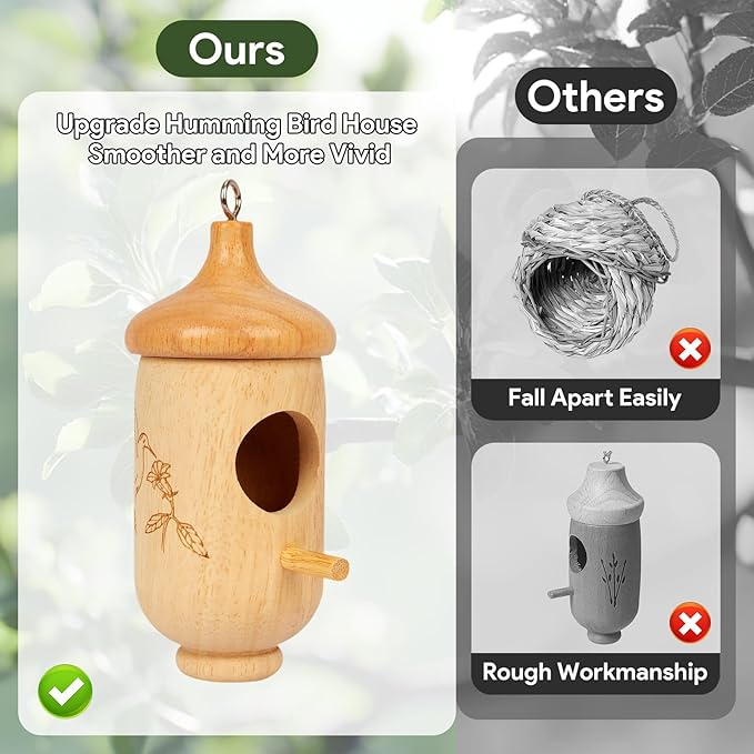 Hummingbird House, Wooden Hummingbird Houses for Outside Hanging, Nest Swinging, Wooden Bird Houses with Cotton, Bow, String, Gardening Gifts Decoration (1 Pack)