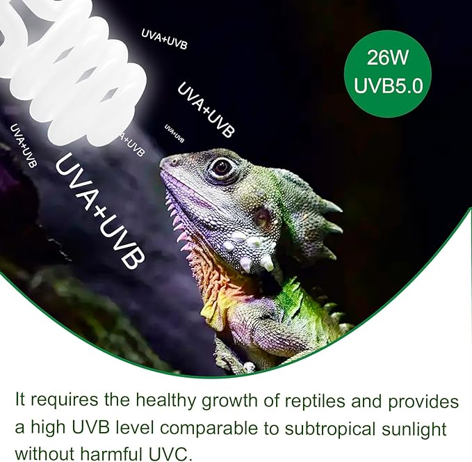 UVB Light Bulb for Reptiles, 26W 5.0 UVA UVB Heat Lamp Bulbs Ideal for Rainforest Reptiles, Bearded Dragons Lizard Turtle Tortoise Iguanas Chameleons Snake (1 Pack)