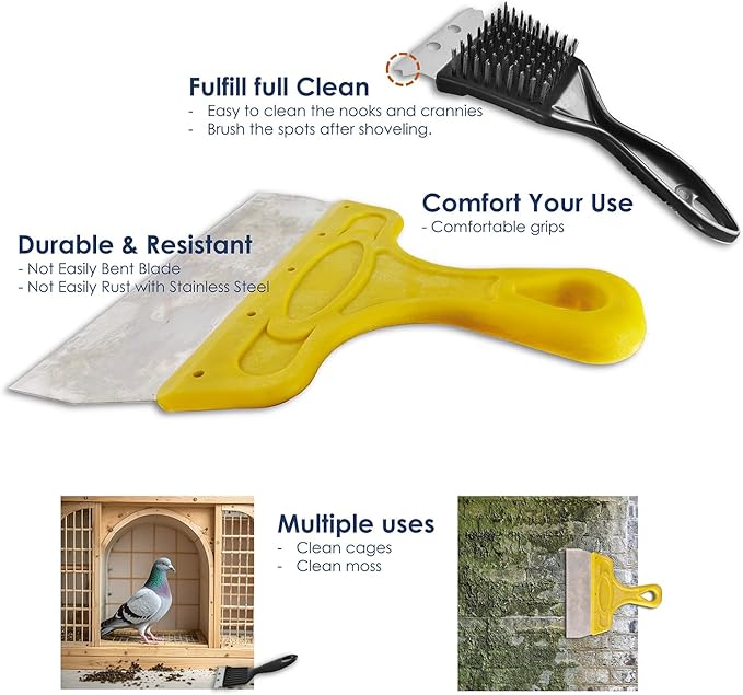 QMARK Birds Cage Cleaner, Pigeon Droppings Scraper, Parrot Pet Cage Cleaner, Stainless Steel Bird Droppings Cleaning Scraper with Brush