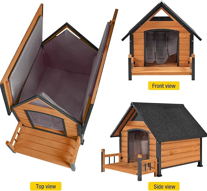 Dog House Outdoor, Insulated Dog Kennel Outside for Large Breed, 50.87" L Weatherproof Large Dog Shelter with Anti-Chewing Iron Frame (Brown, 45" D x 32.9" W x 32.6" H)