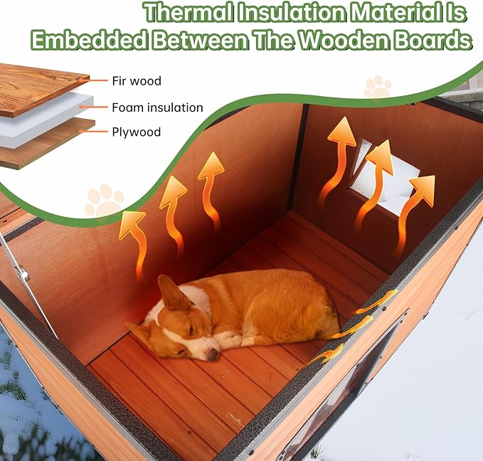 Insulated Dog House Outdoor Weatherproof, Wooden Warm Houses with Upgrade Anti-Chewing Iron Frame Dog Shelter for Puppies