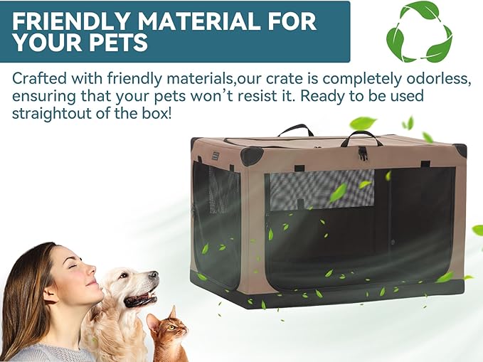 PETSFIT Soft Sided Dog Crate, with Patented Adjustable Fabric Cover, Chewproof & Lockable Mesh Doors, Waterproof Base Portable Kennel Khaki 40 Inch