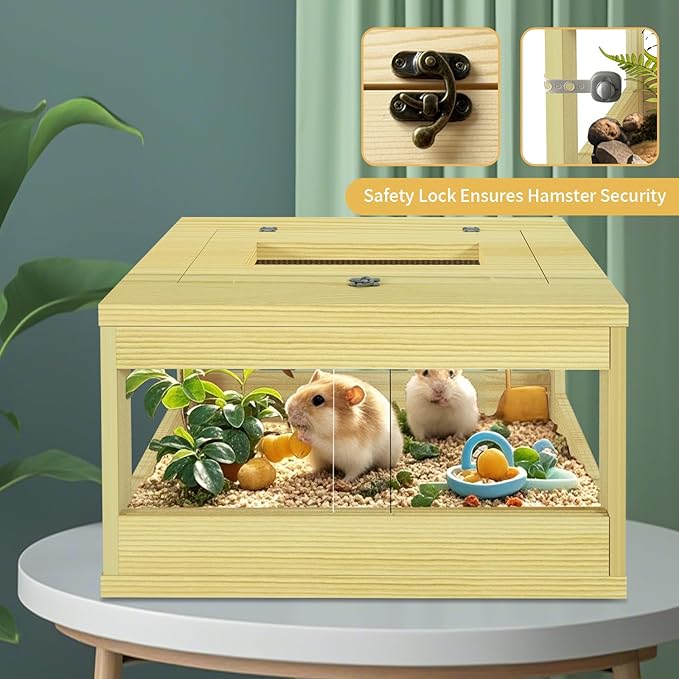 Mini Hamster Cage, Solid Wood Gerbil Cage, Chewproof Hamster Cages and Habitats, Sliding Doors, Top Ventilation Window, Guinea Pig Cages for Small Animals, Dwarf, Syrian, Mice, 20" x 12" x 10"