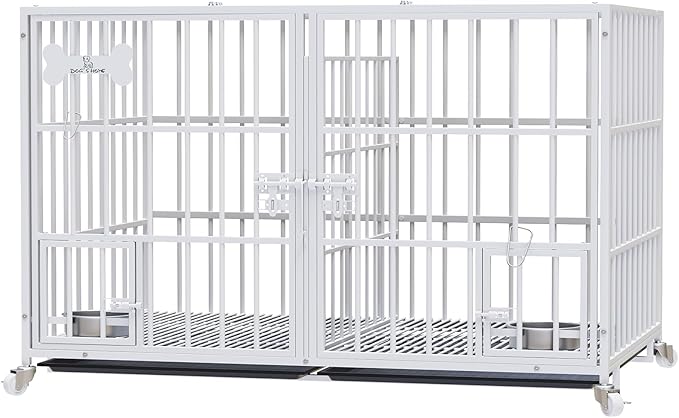 Dosker 42 inch Heavy Duty Metal Dog Crate Cage with Divider for 2 Dogs/Large Dog,All Metal Open Top Escape Proof Cage,Kennel Indoor with Wheels,2 Tray,Feeding Bowl(White)