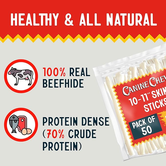 Canine Chews 10-11" Retriever Stick Rolls Rawhide for Dogs Skinny Sticks for Small Aggressive Chewing Dogs (50 Pack)