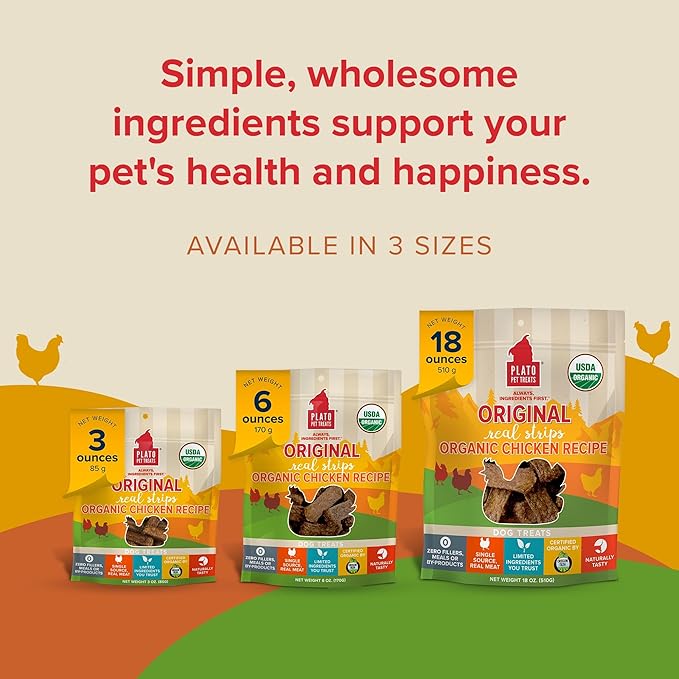 PLATO Original Real Strips Organic Chicken 18oz, Natural