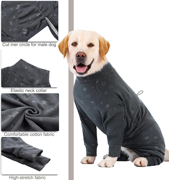 Dog Coats Autumn Winter Jumpsuit for Large Medium Dogs, Warmer Recovery Suit Polar Fleece Dog Bodysuit Lightweight Pajamas Pullover Stretchy Onesie Four-Legged Cold Weather Clothes(XL, Grey)