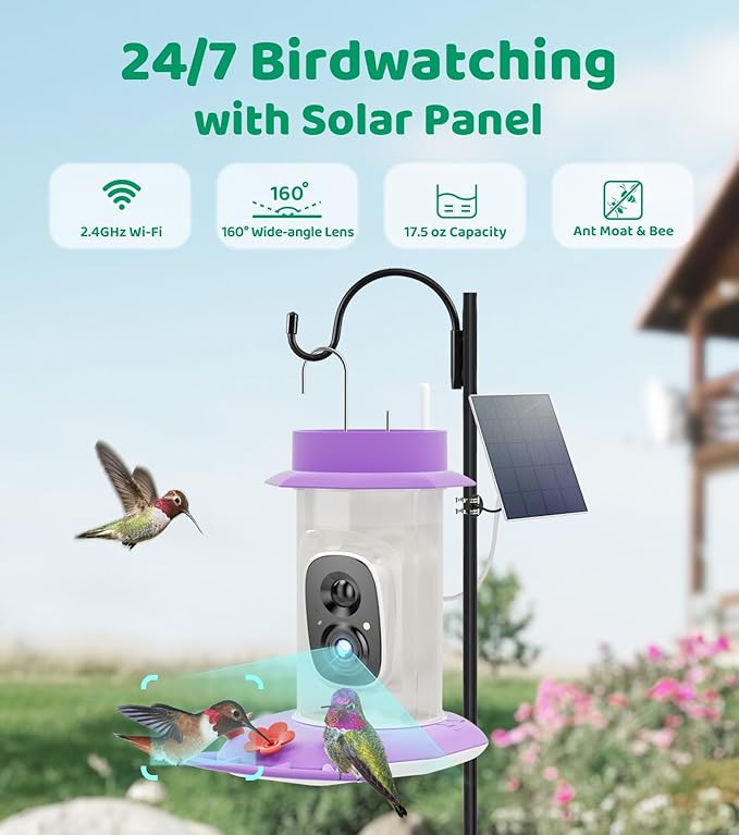 HIXX Smart Hummingbird Feeder with Camera Solar Powered, with Ant Moat & Bee Proof AI Bird Recognition, Easy Clean & Refill, with Coolfly Birdwatching APP, Ideal Gifts for Hummingbird Lover (Purple)