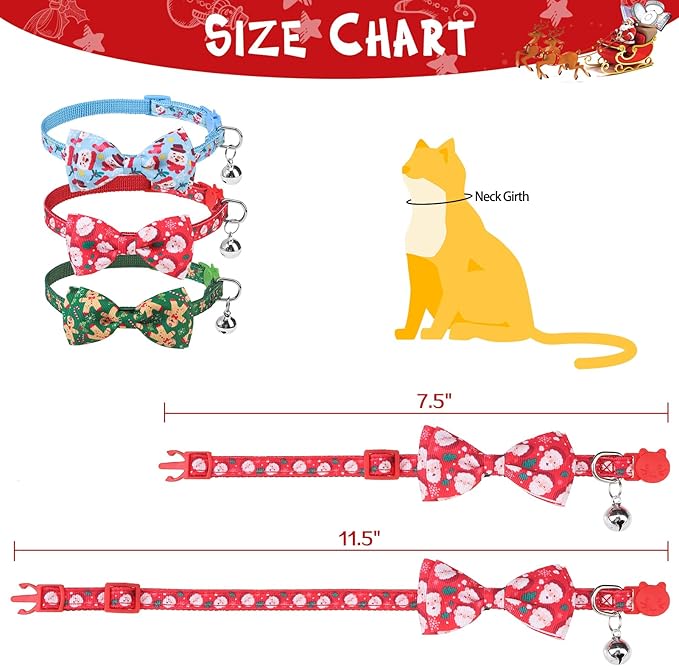 SCENEREAL Christmas Cat Collar Breakaway with Bells and Bow Tie- 3 Pack Cute Holiday Cat Collars- Xmas Kitten Collar Adjustable Safety Buckle for Girl Boy Cats Dogs Pets