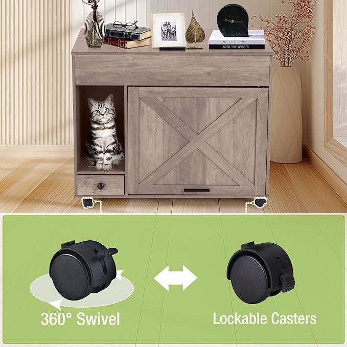 Cat Litter Box Enclosure Cabinet with Wheels, Wooden Hidden Litter Box Furniture with Large Storage, Flip Top Cat Cabinet Indoor with Drawer (Grey, Medium)