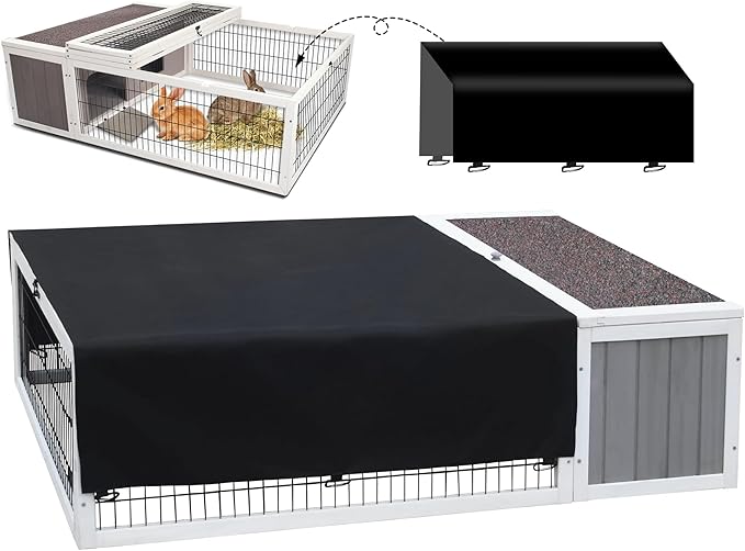 Tortoise House Habitat Wooden with Waterproof Cover, Chicken Coop with Run Rabbit Hutch Small Animal Hutch Enclosure Indoor/Outdoor-Grey + White Trim