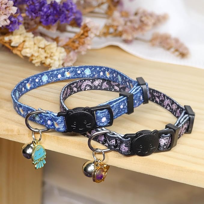 Cat Collar Breakaway, 2 Pack Cotton Cats Collars with Bells, Cute Ocean Shaped for Girl Boy Kittens