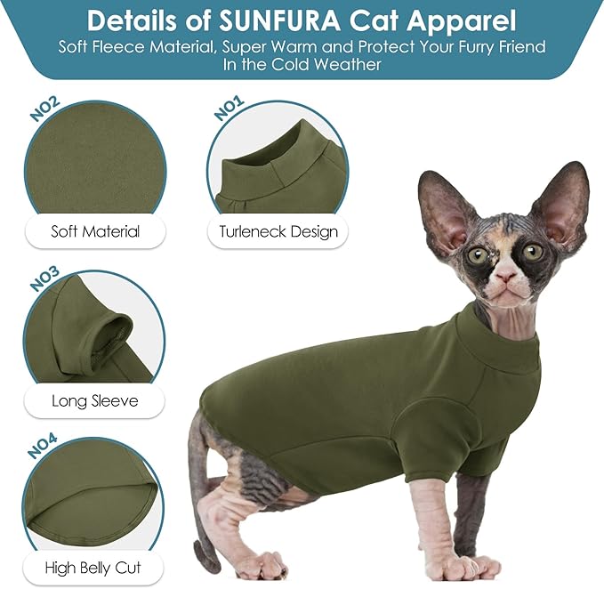 SUNFURA Turtleneck Sweater for Cat, Sphynx Cats Shirt Hairless Cat Sweaters with Sleeves, Warm and Soft Kitten Pullover Fleece Winter Pajamas Jumpsuit for Puppy Cats, ArmyGreen S