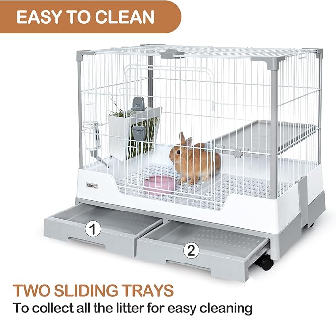 OIIBO Deluxe Rabbit Cage, 32" × 21" × 26" Large Space Bunny Cage Foldable Small Animal Cage with Pull Out Tray and Caster Platform, Professional Household Anti-Spray Urine Rabbit Cage Hutch Indoor