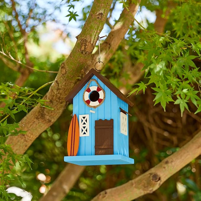 Glitzhome Bird Houses for Outside,10" H Modern Solid Wood Hand Painted Hanging Bird House Beach Hut Decorative Pet Cottage Outdoor Garden Birdhouse for Finch Bluebird Cardinals,Blue