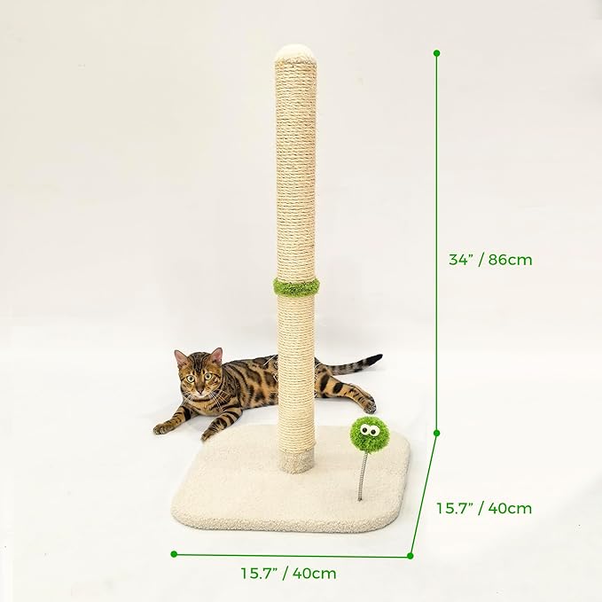 TINYBEAST 34" Tall Cat Scratching Post for Indoor Cats, Premium Natural Sisal Scratcher with Interactive Plush Toy Ball, Reinforced Stable Base for Large Adult Cats & Kittens(Beige)