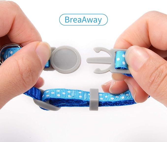 Custom Breakaway Cat Collars with Bell - Engraved Stainless Steel No Noise Slide-On Identification Tags On Collar - Up to 3 Lines of Personalized Text (Polka Dot Print)