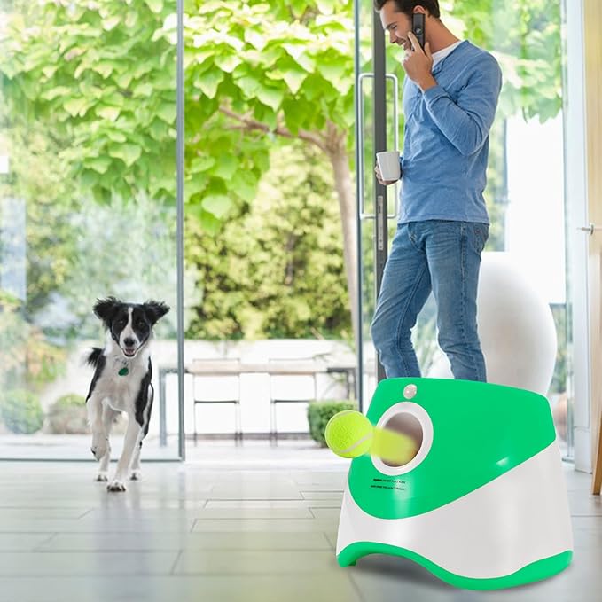 Automatic Ball Launcher for Dogs - Interactive with 6 Mini Tennis Balls (Green)