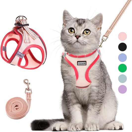 Cat Harness and Leash Set, Soft and Breathable Vest with Reflective Strip, Escape Proof Kitten Harness, Easy to Wear for Cats Walking and Traveling (Pink, M)