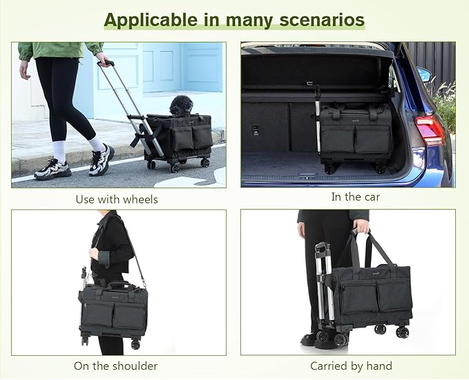 Pecute Cat Carrier with Wheels,Steel Wire Frame Cat Carrier, Stable Pet Trolley Bag for Cats, Pet Handbag and Stroller, Portable Cat Carrier Bag for Car Travel Bus Subway, Dark Grey