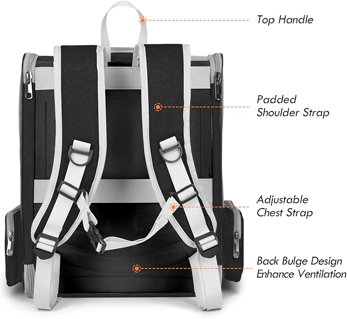 Cat Backpack Carrier, Large Pet Backpack with Kitten Wand Feather Toy for Medium Small Dog Cat Puppy Kitty Bunny up to 15lbs, Ventilated Mesh Dog Travel Carrier for Hiking Walking Outdoor Use (Black)