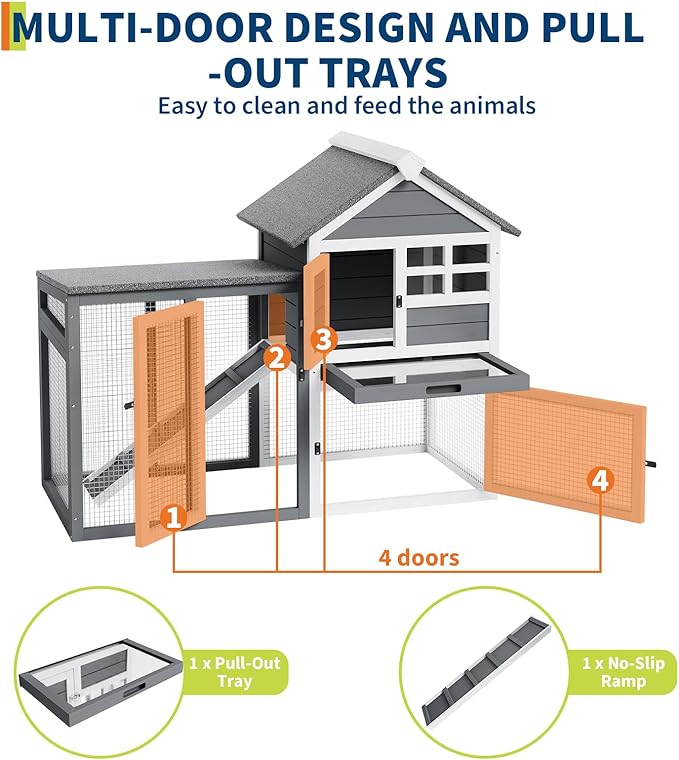 Rabbit Hutch Bunny Cage Indoor Outdoor, Small Wooden Chicken Coop, with Waterproof Roof, Pull Out Tray and Anti-Slip Ramp (45.28" L x 20.08" W x 36.61" H)