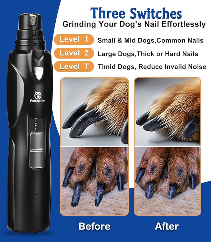 Dog Nail Grinder, 3 Grinding Heads, 2-Speed, LED Light, Touch-Switch, TypeC, Quiet, Low-Vibration, Dog Nail Trimmers for Large,Medium,Small Dogs & Cats with Hard/Thick Nails (U-Dark Blue)
