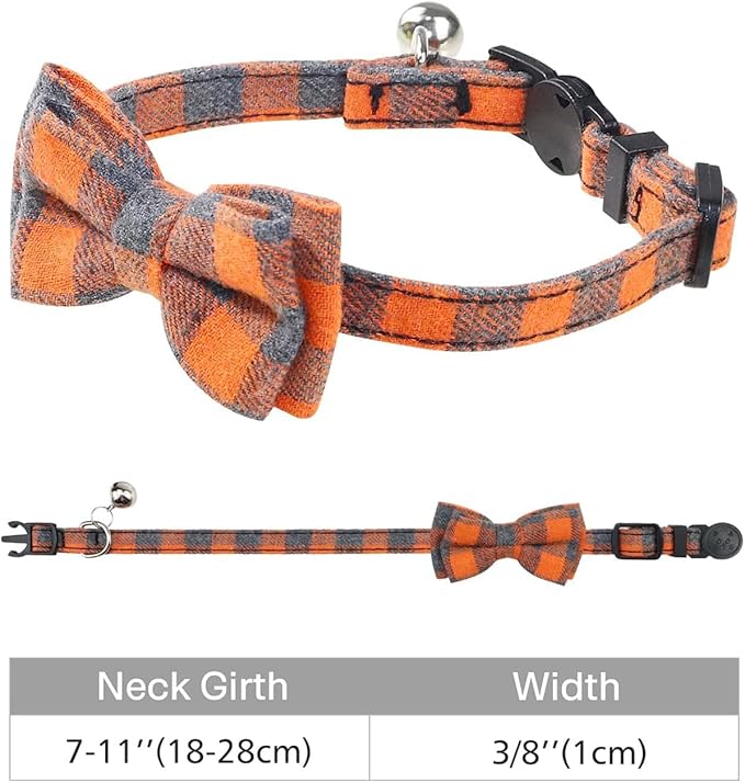 Joytale Upgraded Cat Collar with Bells, Breakaway Cat Collars with Bow Tie, 1 Pack Girl Boy Safety Plaid Kitten Collars, Orange