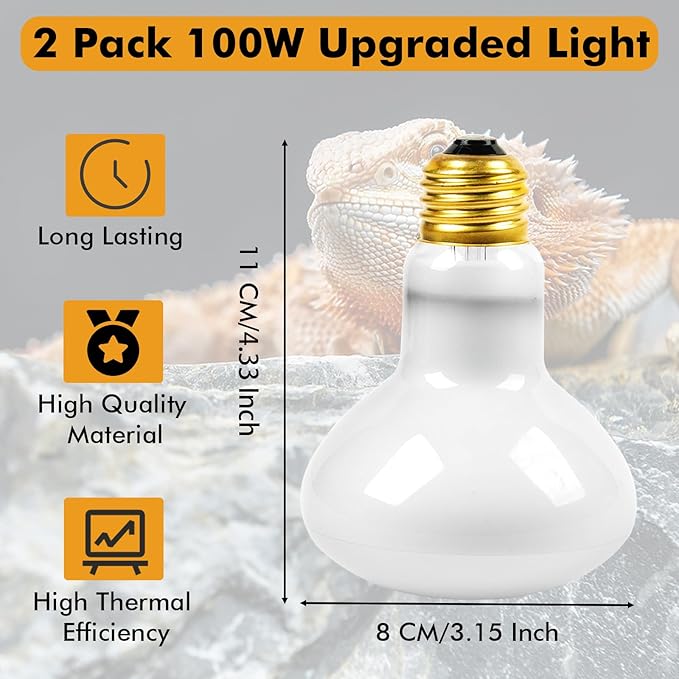 Reptile Heat Lamp, 100W Heat Lamp Bulbs for Reptiles 2 Pack, Amphibians Basking Heat Lamp Bulbs, UVA Daylight Basking Light for Reptiles, Bearded Dragon, Lizard, Turtle, Chicken