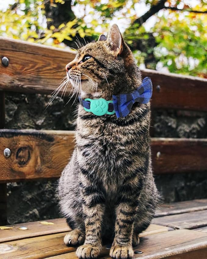 Joytale Upgraded Cat Collar with Bells, Breakaway Cat Collars with Bow Tie, 2 Pack Girl Boy Safety Plaid Kitten Collars, Black+Blue