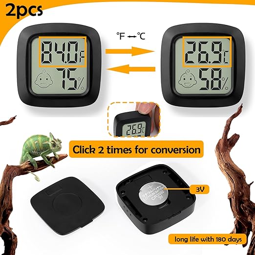 2 PCS Reptile Thermometer and Humidity Gauge for Bearded Dragon with On-Off, Reptile Tank Accessories for Jumping Spider, Leopard Gecko, Hermit Crab, Gecko, Ball Python, Lizard