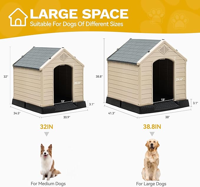 DWVO Large Plastic Dog House, Weatherproof Outdoor/Indoor Doghouse, Puppy Kennel with Air Vents and Elevated Floor, 41.3''L*38''W*38.8''H, Gray+Brown