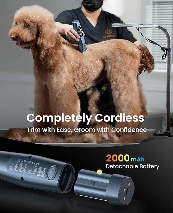 oneisall Grandmaster Pro 1 Cordless Professional Dog Grooming Clippers, 2-Speed Dog Clippers for Grooming Heavy Duty/Thick Hair, Detachable Carbonized Steel Blade Metal Combs, Removable Battery
