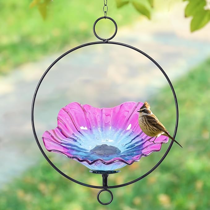 MUMTOP Hanging Bird Bath-Bird Baths for Outdoors - Flower Glass Bird Water Bowl with Hanging Circle, Bird Feeders for Outside, Garden, Lawn Yard Decor(Pink)